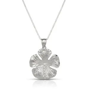 Large Hibiscus Flower .925 Sterling Silver Necklace w. Box Chain