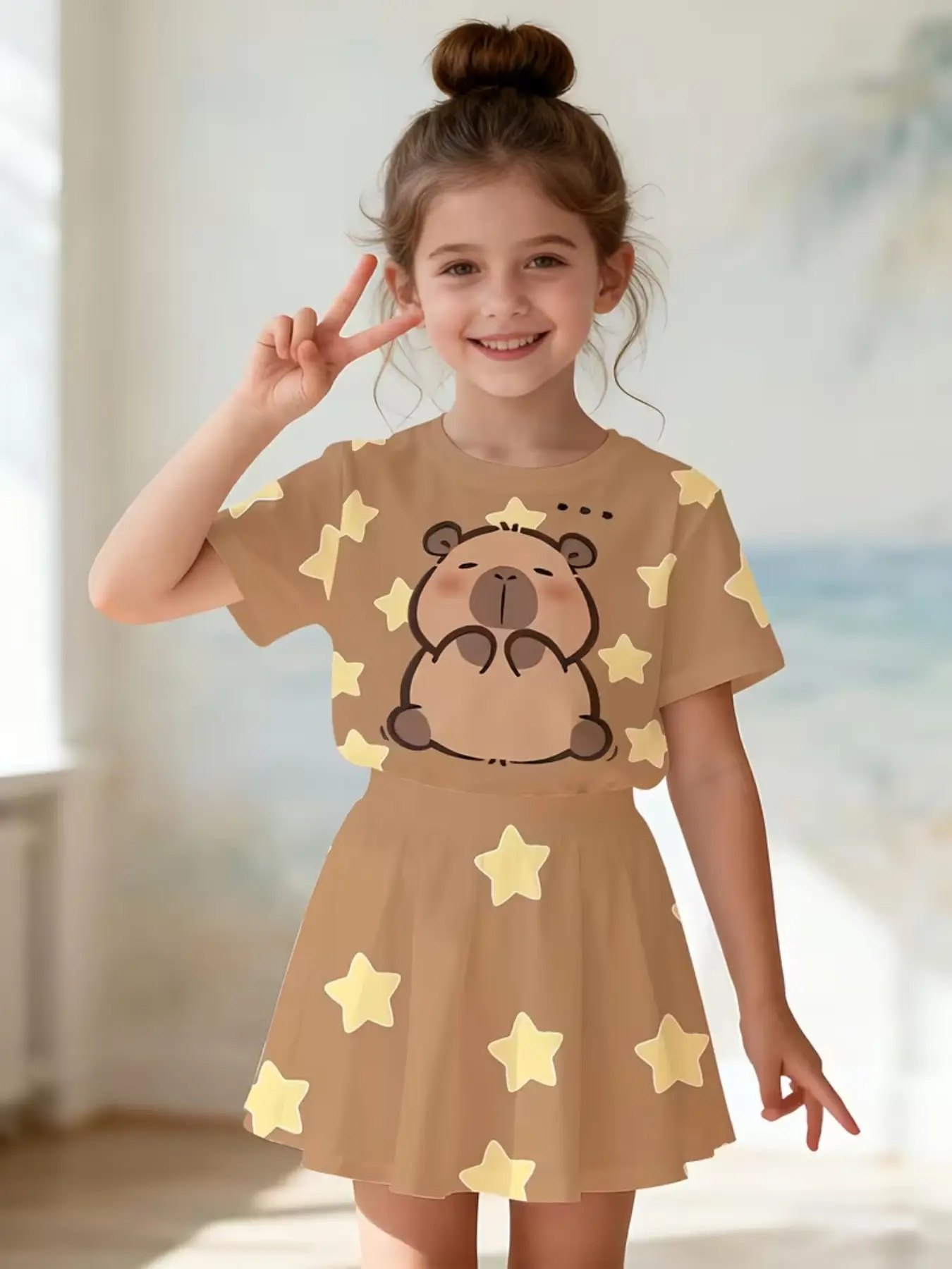 Summer New Girl's Short Sleeve Skirt Set, Cute Clothing Set, Children, Cartoon 3D Printed Capybara Design, Comfortable Casual Round Neck Top + Half Skirt Two-Piece, Summer Clothing Set, Cute Sets