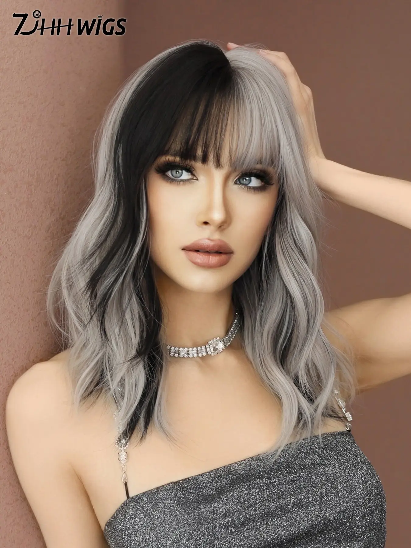 Two Tone Wig Silver Ash Pink Curly Wigs For Women, Fashion Fluffy Wigs, 16 Inch Shoulder Length Wavy Wig With Bangs Synthetic Heat Resistant Fiber Fluffy Wigs For Girls Daily Party Cosplay Use Beginner Birthday Gifts Synthetic Wavy Hairstyle