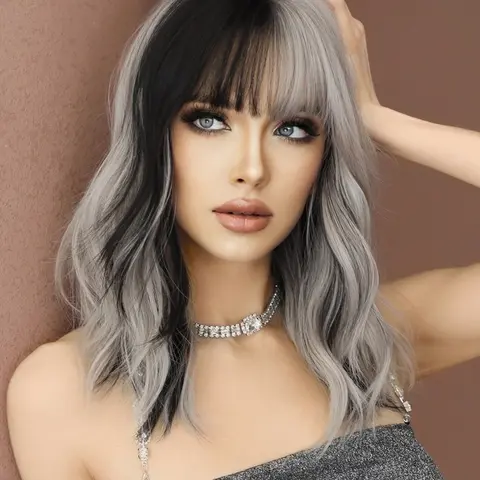 Two Tone Wig Silver Ash Pink Curly Wigs For Women, Fashion Fluffy Wigs, 16 Inch Shoulder Length Wavy Wig With Bangs Synthetic Heat Resistant Fiber Fluffy Wigs For Girls Daily Party Cosplay Use Beginner Birthday Gifts Synthetic Wavy Hairstyle