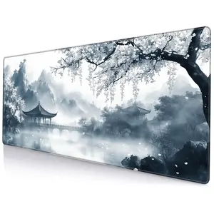 Chinese Ink Landscape & Mountain Pattern Mouse Pad, Extended Anti-slip Rubber Desktop Pad with Precise Stitching Edges, Suitable for Home Office, Desk Accessories