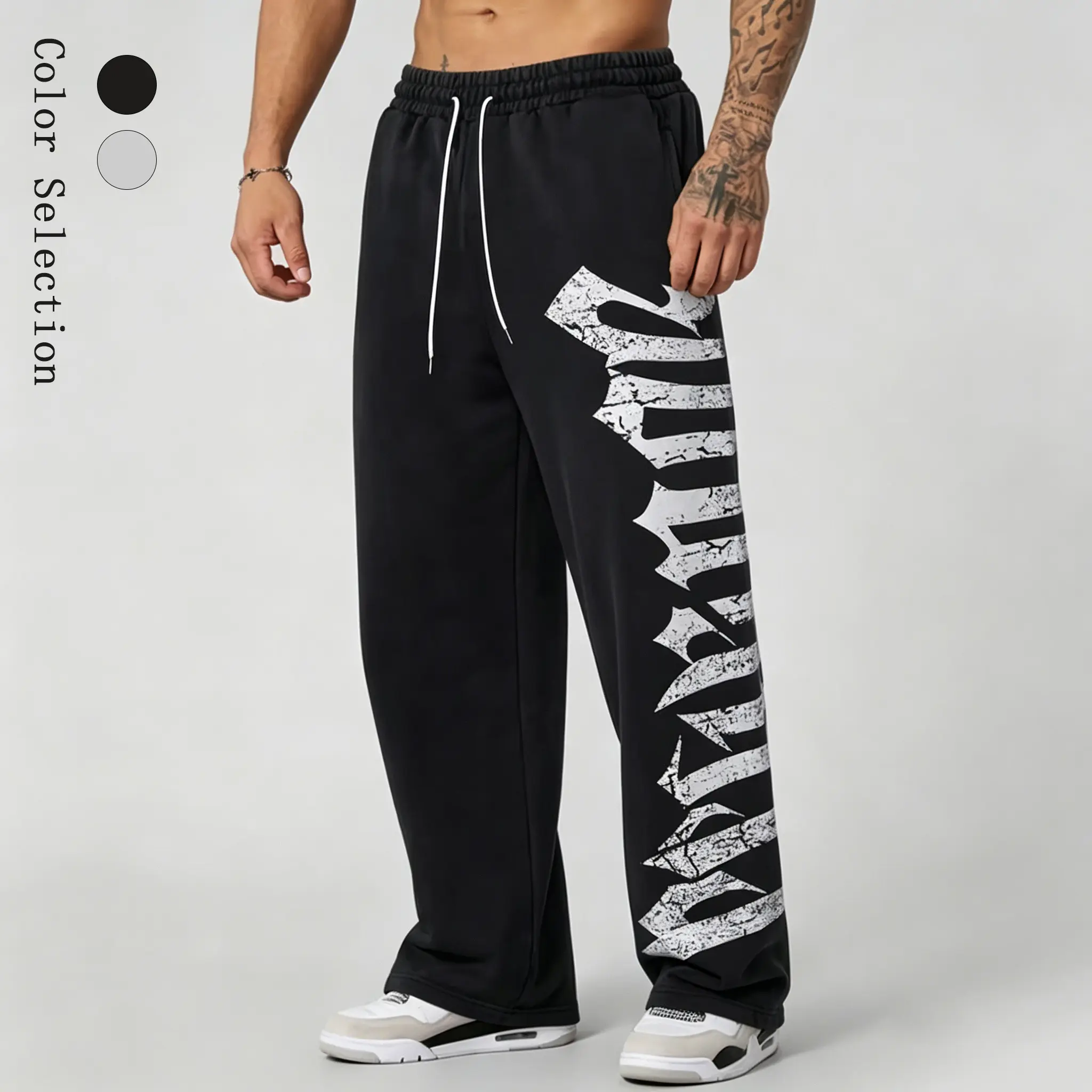 Men’s Gothic letter print wide-leg sweatpants made of polyester fiber, featuring an elastic drawstring waistband and a relaxed drop street-style casual jogger fit with cuffs; suitable for sports and everyday wear.