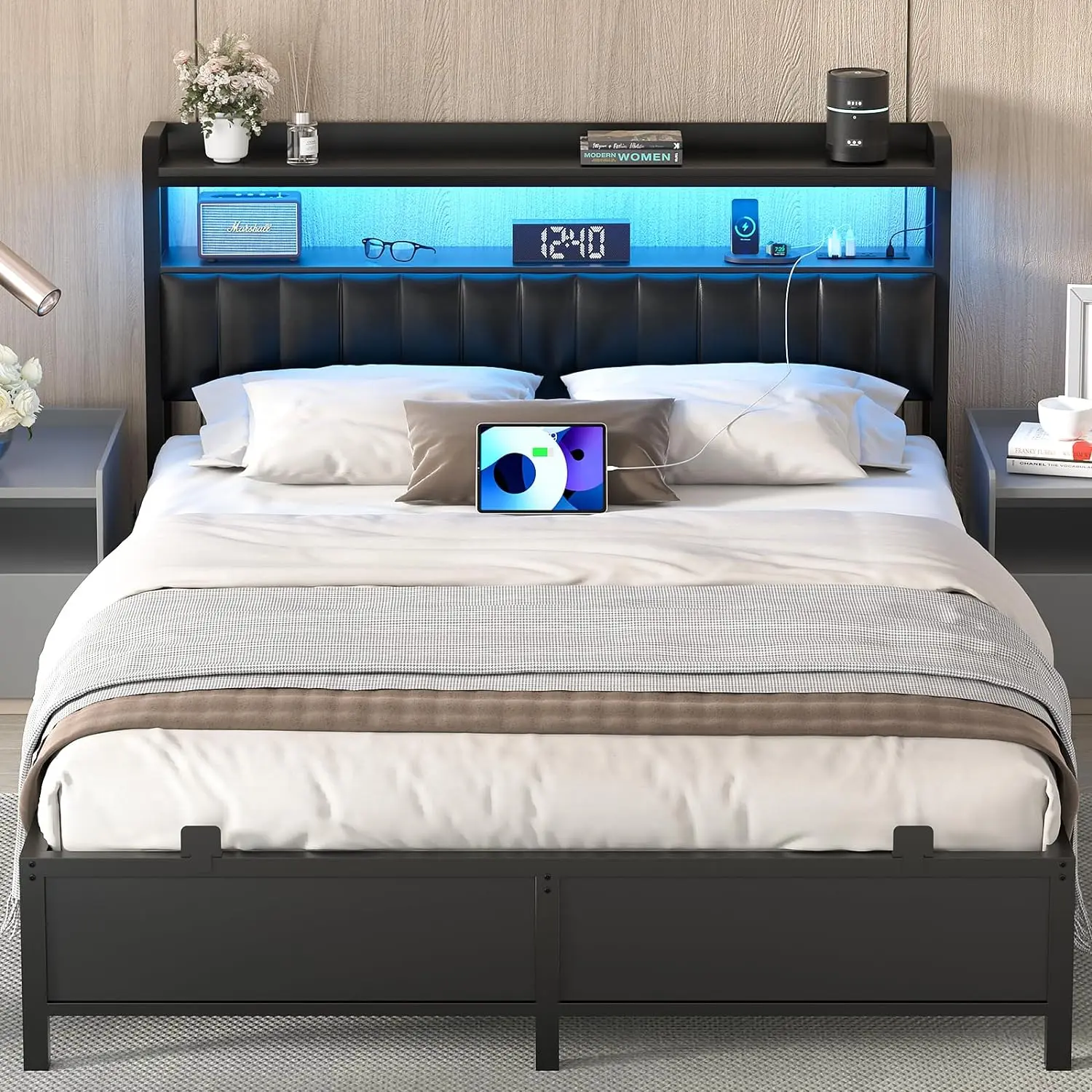 Bed Frame with Adjustable Upholstered Leather Headboard ＆ Charging Station ＆ LED Lights,Steel Slat Support,Modern Bedroom Apartment Interior Furniture Outdoorfun,dorm essentials,home decor