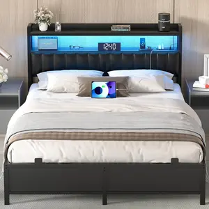 Bed Frame with Adjustable Upholstered Leather Headboard ＆ Charging Station ＆ LED Lights,Steel Slat Support,Modern Bedroom Apartment Interior Furniture Outdoorfun