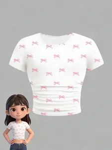 Girl's milk white bow printed short sleeved T-shirt, with pleats on the chest and waist cinching, sweet pink bow printed all over, soft bullet hole strip knitted, versatile for daily use, looking full of vitality, Bow Print Tee