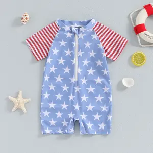 Afunbaby Toddler Baby Boys 4th of July Swimwear Star Stripe Print Zipper Short Sleeve Rash Guard Swimsuit Beachwear Bathing Suit