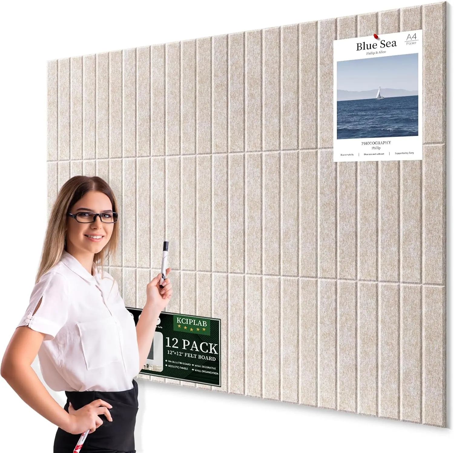 Large Cork Bulletin Board for Wall 48"x36", 12 Pack Felt Slat Wall Panel Tiles with 60 Pushpins, 50 Safe Removable Adhesive Tabs, Decorative Pin Board Tack Board for Office Home School
