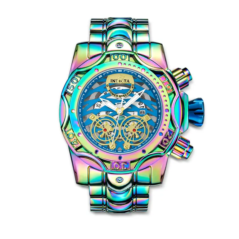 Men's Rainbow Plated Hollow Flywheel Quartz Wristwatch - Big Round Face, Quartz Movement, Bold Look, Suitable for Casual Wear