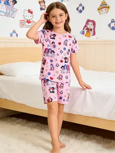 Girls' 2-Piece Cartoon Print Short Sleeve Shorts Pajama Set, Casual Fitted Sleepwear for Home Use, Comfortable Nightwear for Kids, Snug Fit Pajamas