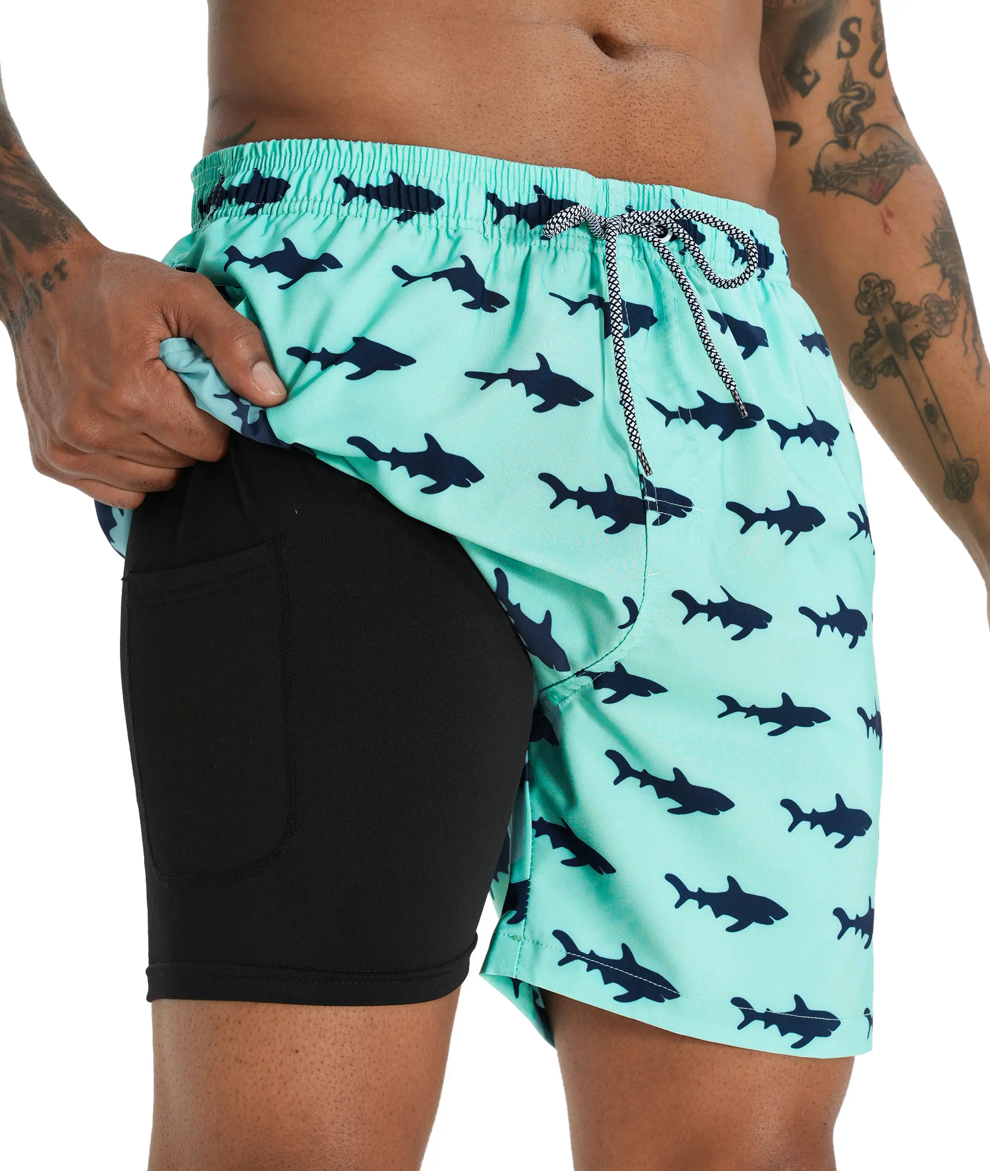 APTRO Men's 2 in 1 Graphic Print Swim Trunks, Breathable Above the Knee Board Shorts with Compression Liner, Adjustable Drawstring, Velcro Pocket & UPF50+, Beach, Adjustable Drawstring Men's Swim Trunks