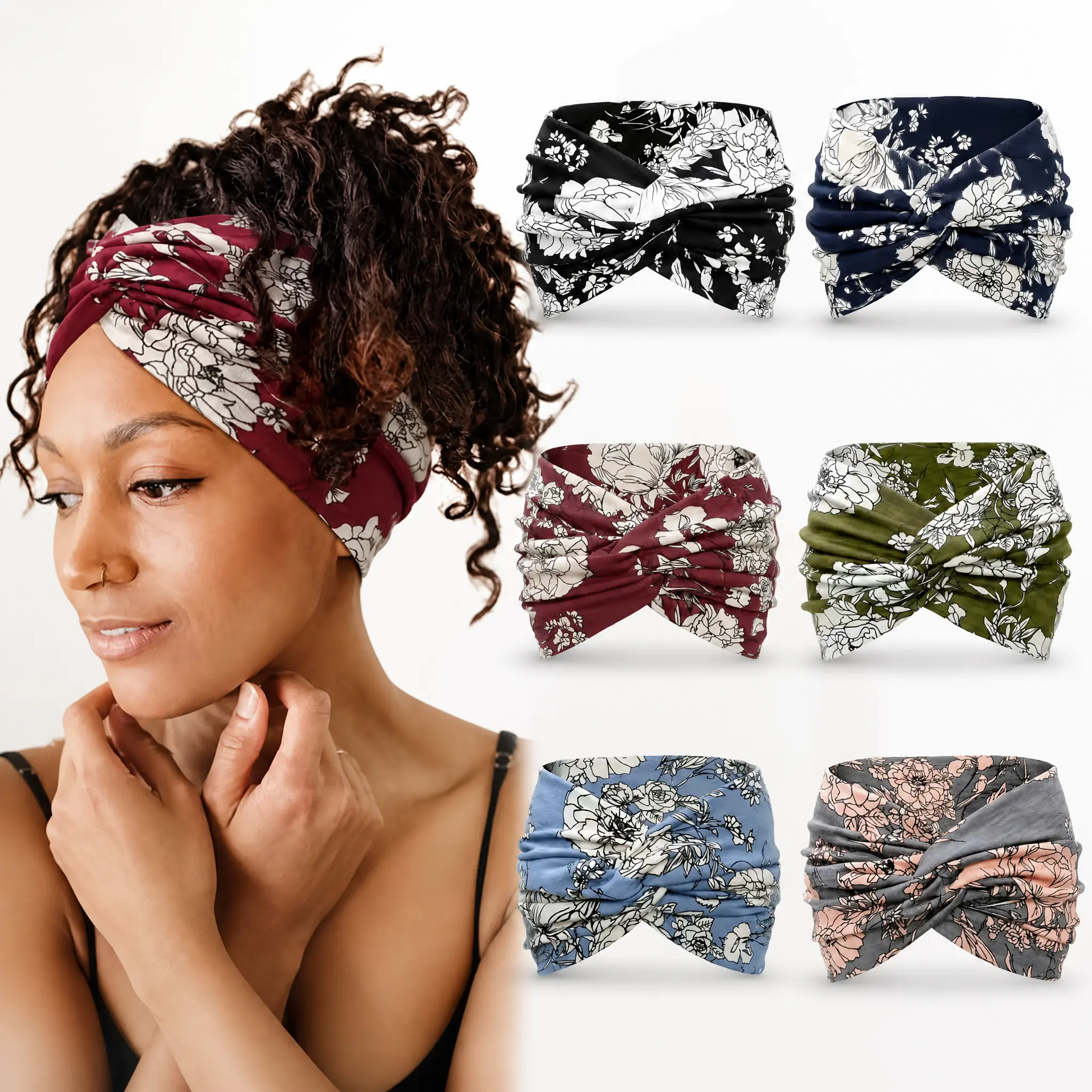 6 Pack Bohemian Wide Headbands for Women, Elastic Yoga Sweat Bands, Breathable Sports Turbans for Running, Fitness, Makeup, Travel, Daily Wear & Fashion Styling