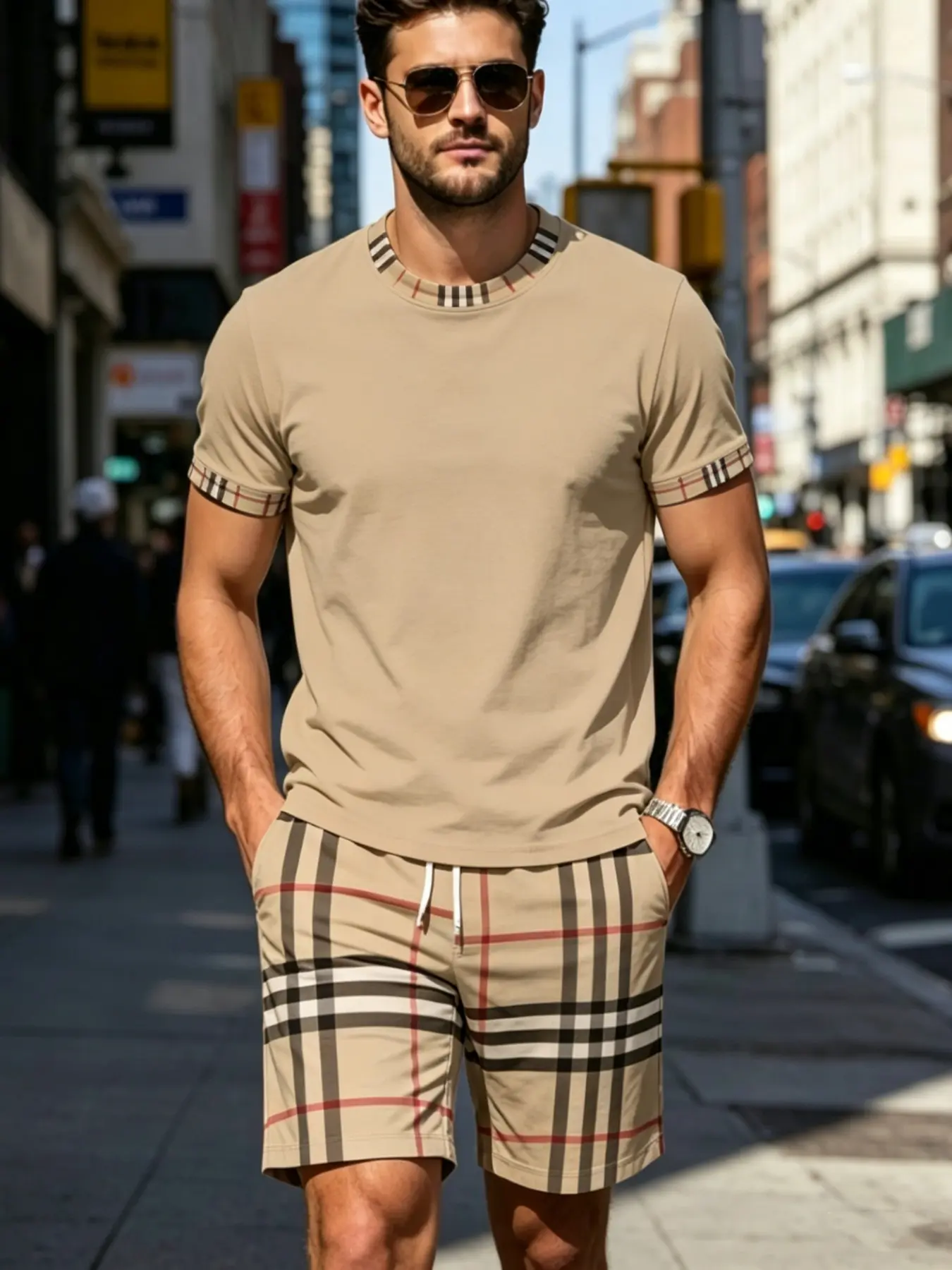 Men's Classic Checked Plaid Trim Short Sleeve Set, Luxury British Style Casual Sport Two-Piece, Fitted Tee with All-Over Print Sporty Outfit, Breathable Menswear