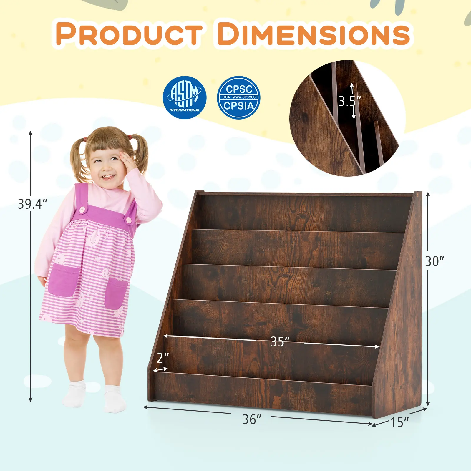 COSTWAY - 5-Tier Kids Bookshelf with Deep Compartments and Stable Baby Book Case-Rustic Brown