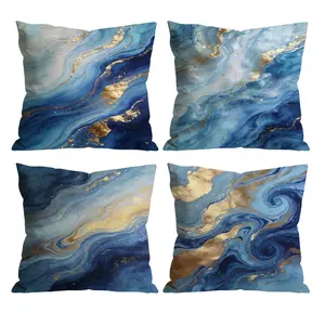 Blue & Gold Marble Throw Pillow Covers Set of 4 | Abstract Swirl Ink Art Decor for Room Bedroom Chair Car Sofa Couch 0305YK