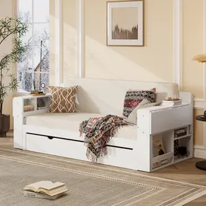 Queen Size Daybed with Removable Desk, Storage Drawers & Hydraulic Side Table, White