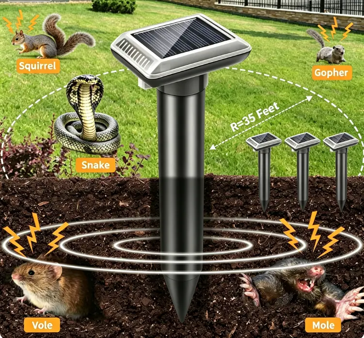Solar Ultrasonic Animal Repeller  Sunlight Powered, IP65 Pest Control Solutions, Repels Moles, Gophers, Voles, Snakes, Rodents for   YardLawnBackyard  4-Pack 2026 Upgraded