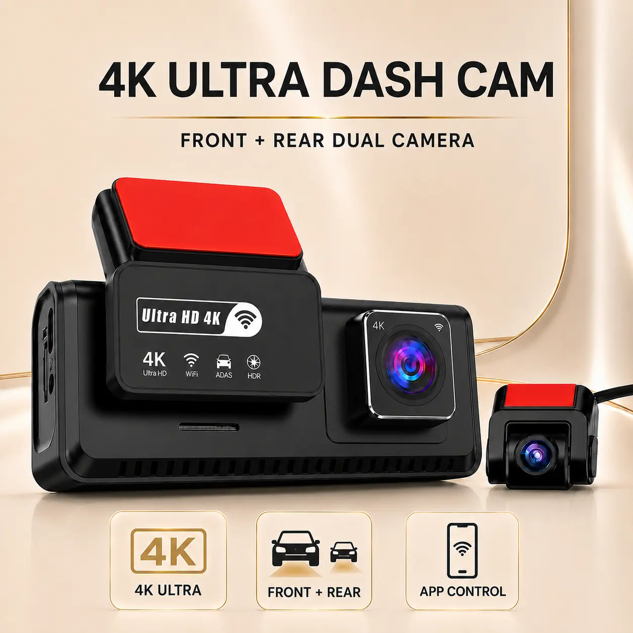 QOZ 4K Front and Rear Dash Cam, WiFi App Control, Night Vision, ADAS, G-Sensor, HDR & 24/7 Parking Monitor for Cars