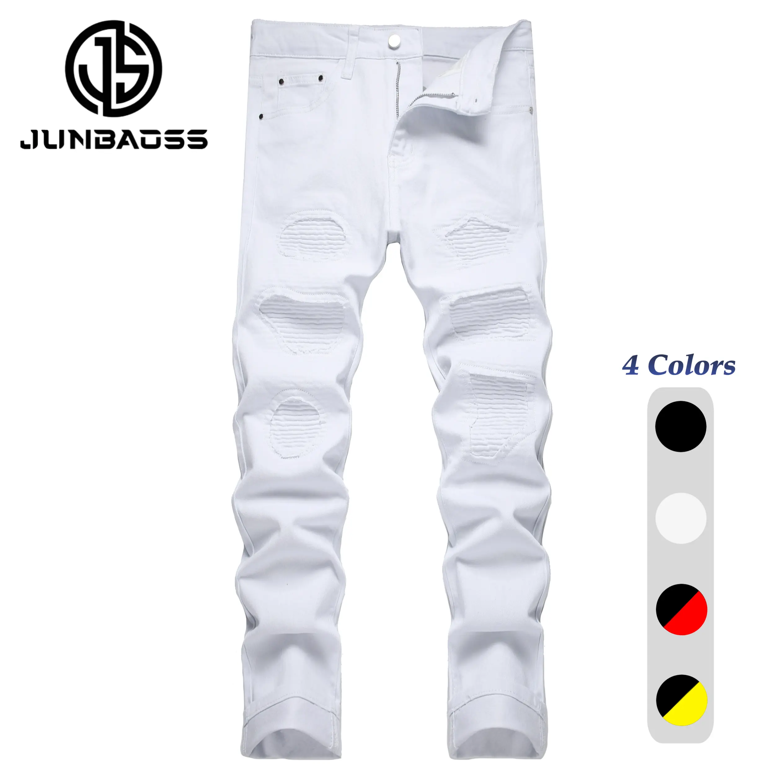JUNBAOSS Men's Mid-Waist Slim Fit Stretch Ripped Denim Pants - Workout Plain Cotton Distressed Straight Leg Menswear Trousers, Streetwear Mens Fashion Clothes with Pockets for Casual Fall Wear summerwins,mens bottoms day giftsmen 2026 fashion