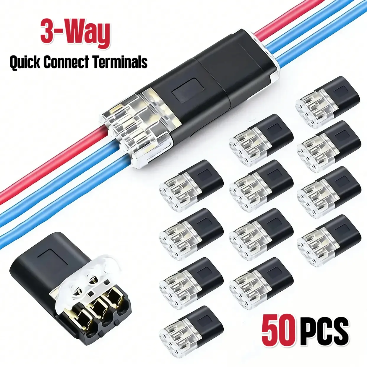 3-Way No-Stripping or Soldering Quick Wire Connectors for Home Improvement Electrical Equipment, Low-Voltage, Compact, Secure and Durable Terminals for DC Power Supply