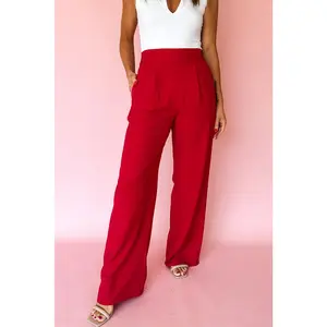 Fiery Red Pleated Detail Pull On High Elastic Waist Loose Straight Pants