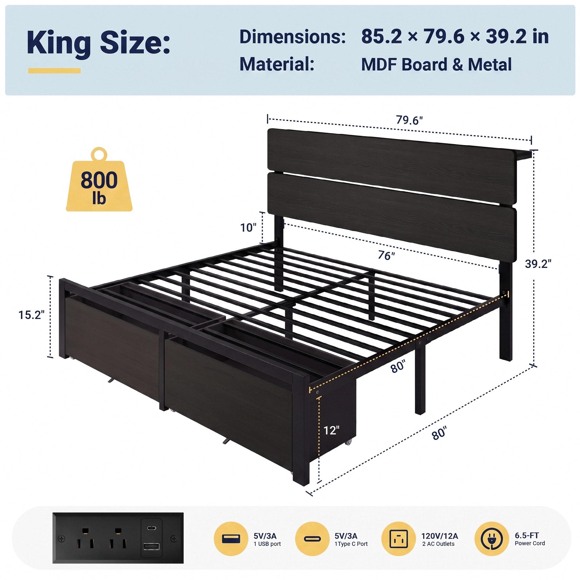 MUTICOR LED Bed Frame with 2 Fabric Storage Drawers, Charging Station & MDF Storage Headboard, Steel Slat Platform Bed with Underbed Storage, No Box Spring Needed