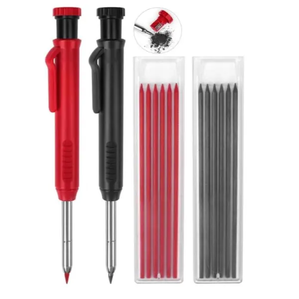 Carpenter Pencils Mechanical Pencils with 12 Refills, Construction Pencils with Built-in Sharpener, Long Nib Deep Hole Pencil Marker, Heavy Duty Woodworking Pencil for Architect (2 Colors)