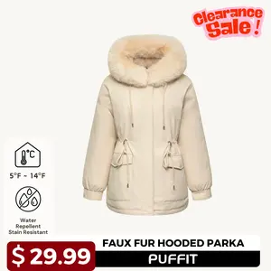 【Clearance Sale】PUFFIT Faux Fur Mid-Length Hooded Drawstring Parka, Winter Warm Thickened Ladies Puffer Jackets, Fleece Lined Winter Coat for Women #FallFreshness