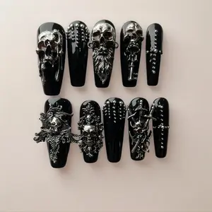 10 PCS Handmade 3D Silver Color Skull Press On Nails, Halloween Witch Armor Gothic Fake Nails, Long Coffin/Stiletto Shape, Removable,Includes Nail File, Acrylic Stick & Jelly Self Adhesive