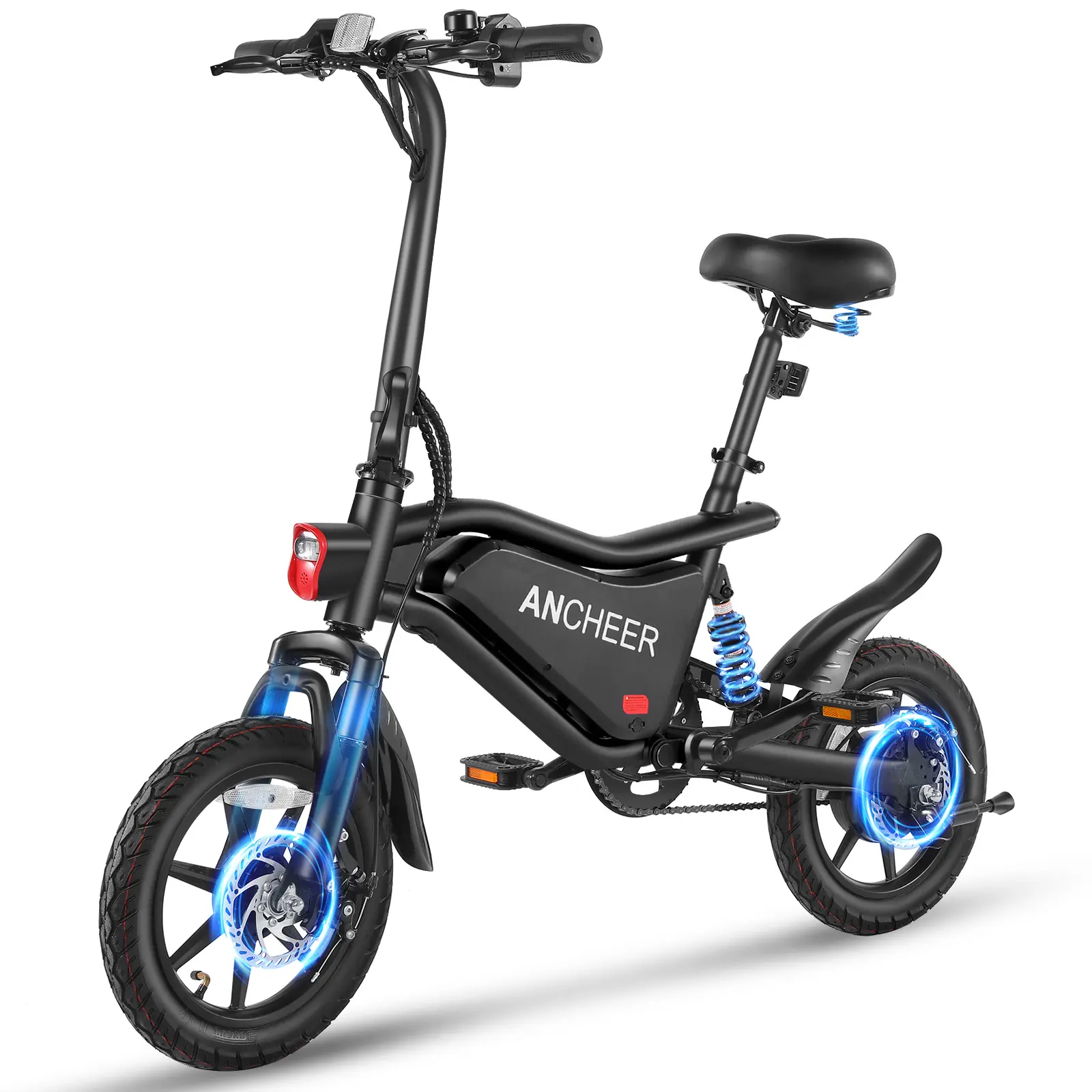 14" Ancheer Folding Electric Bike for Adults, 500W Peak Motor, 48V 7.8Ah Battery, 19.8MPH Commuter Ebike, Up to 30Miles Range, Cruise Control, Dual Suspension, Brake Taillight, UL2849 Commuter Ebikes