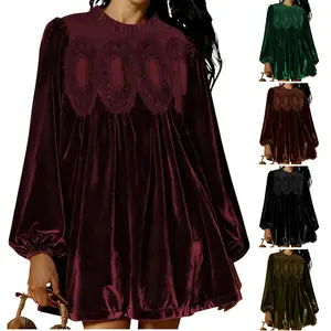 Tanming Women's A-Line Velvet Lace Swing Babydoll Dress with Scallop Neck & Pleated Skirt Elegant Chic Crewneck for Weddings & Parties