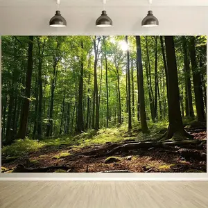 1PC Polyester Tapestry Wall Mural - 2D Flat Natural Forest Landscape with Sun-Penetrating Trees, Reusable Home Decoration, Bedroom Or Living Room Ornament, Birthday Photography Prop
