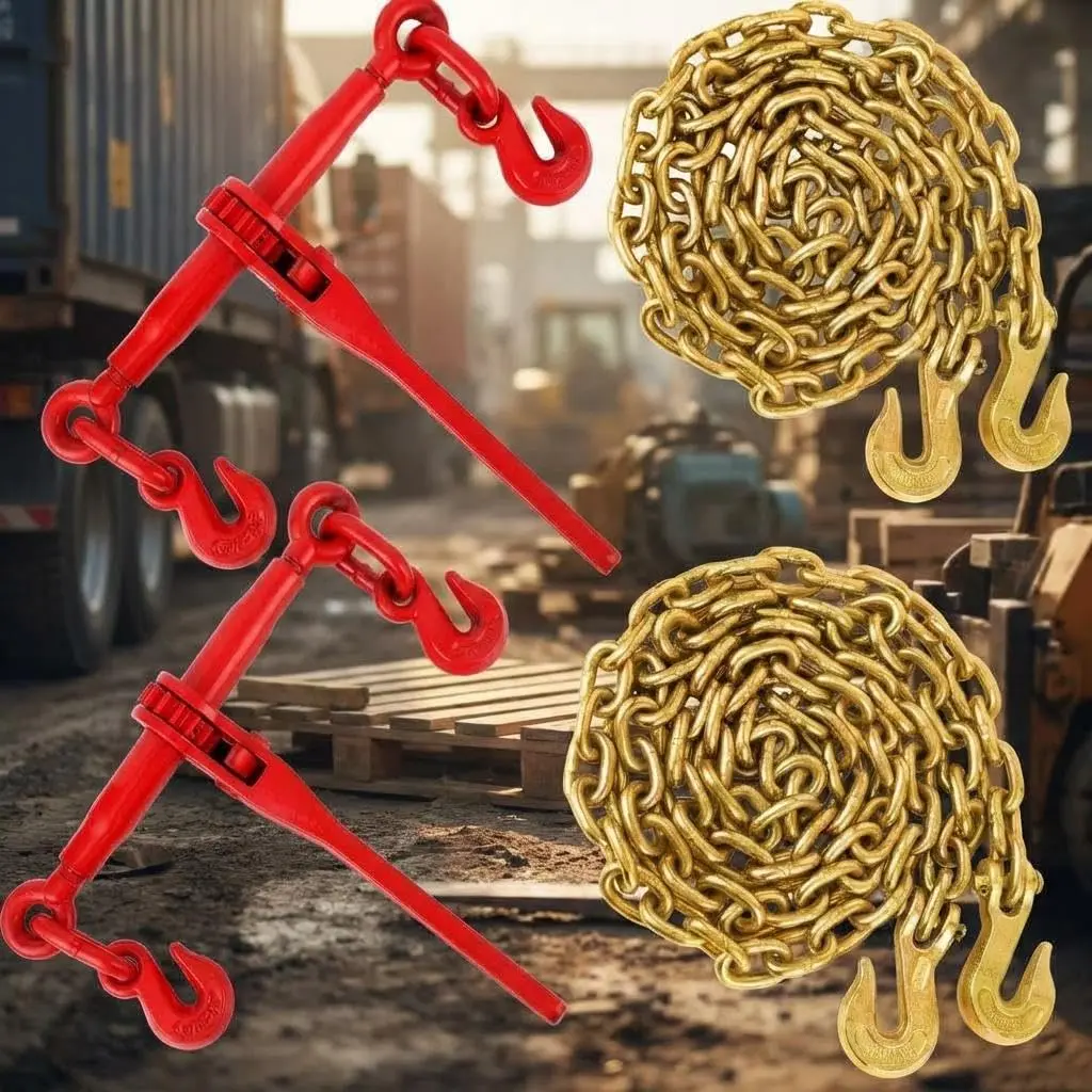Gaomon G70 Grade Steel Adjustable 3/8in-1/2in Ratchet Chain Binder 2 Pack, 12000 LBS WLL Zinc Plated Heavy Duty Tie Down with 2x10FT Grappling Hook Chains for Truck, Industrial Hauling