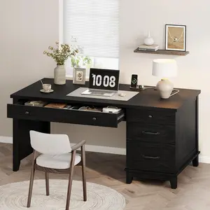 53.5" Farmhouse Computer Desk with Charging Station, Rustic Black Home Office Executive Desk, Wooden Workstation with File Cabinet Storage Drawers for Writing & Study