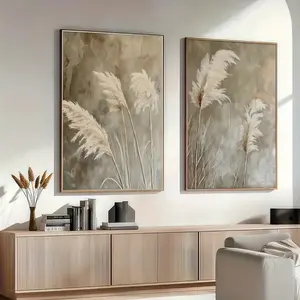 2pcs Frameless Canvas Posters, Scandinavian Beige Pampas Grass Wall Art, Rabbit Tail Grass Reeds Dried Bouquet, Modern Bedroom Living Room Warm Natural Decor
