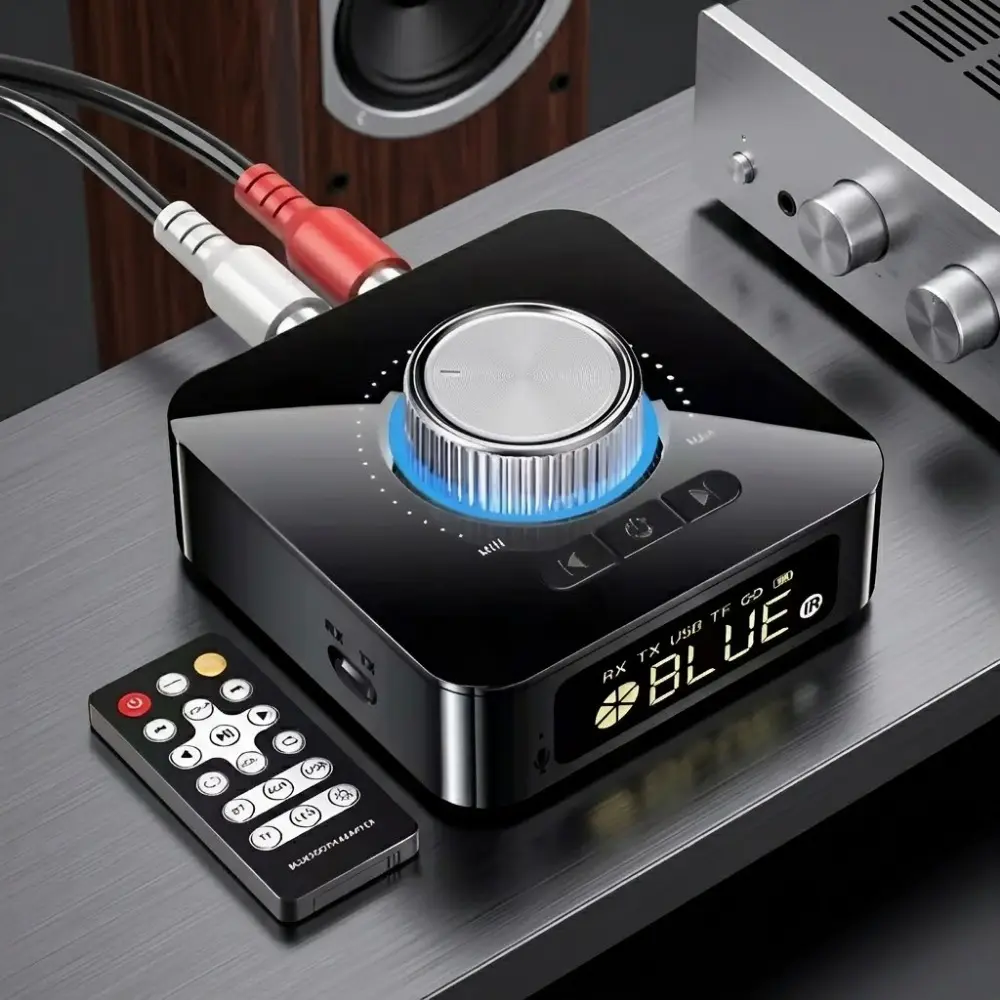 Low Latency Stereo Bluetooth Audio Receiver with 3D Surround Sound, Wireless Adapter & Multi-Function Converter for Vintage Speakers & Car Audio Systems, AUX Input, 3.5mm RCA Output, Tf Card Playback, USB, Box