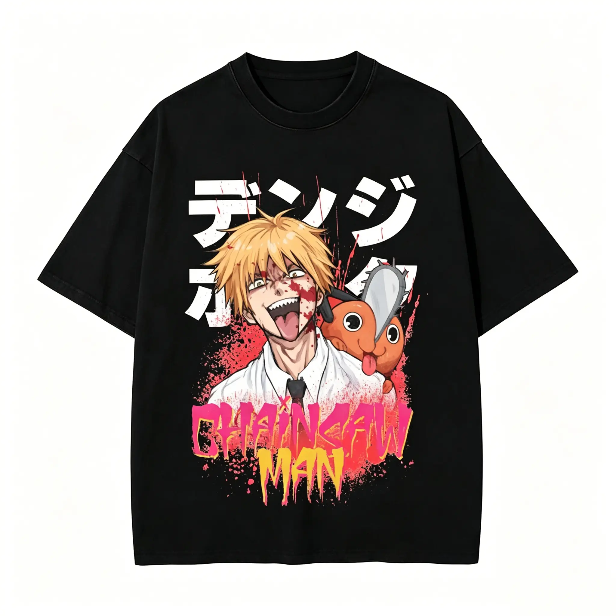 Men's Chainsaw Man Anime Figure Graphic Short-Sleeve T-Shirt - Distressed Vintage Wash Cotton, Casual Menswear Tops, Round Neck Streetwear for Valentine's Occasion, Shortsleeve, Crew Neck, Fans Of Chainsaw Man
