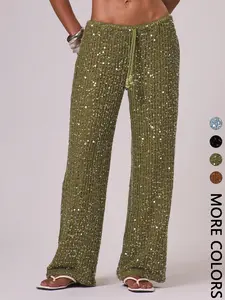Women's Bohemian Style Beach Pants, Elegant Summer Sequined Long Trousers, Fashionable Holiday Wear, Ladies' Casual Fitted