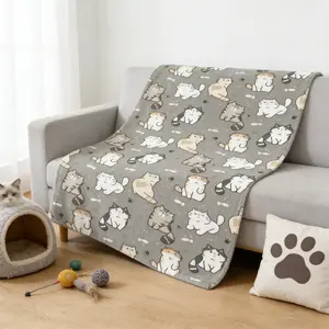 Cute Cartoon Cat Lover Gift Soft Cozy Flannel Blanket - Grey Kawaii Cat Print Plush Throw, Warm Fuzzy Bedroom Sofa Blanket, Perfect Gift for Cat Mom Women Girls Kids Birthday Holiday Home Decor