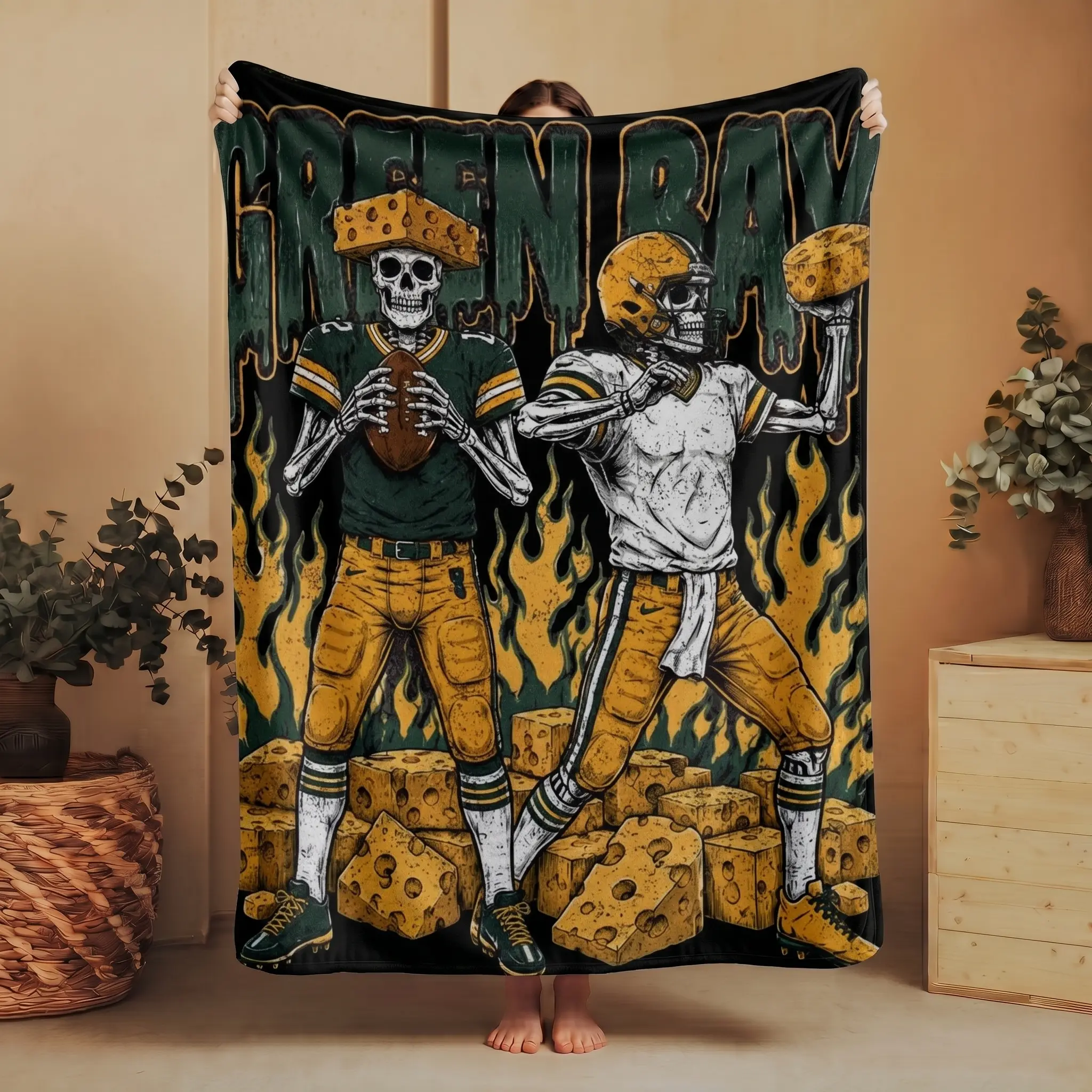 Green Bay Football Skull Blanket, Green Bay Fan, Game Day Gift For Football Fans