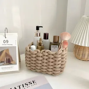 KCALEFV Woven Storage Basket, Portable Handmade Desktop Cosmetics Storage Basket, Home Toilet Tank Shelf Cabinet Organizer Rattan Basket for Living Room Bedroom, Ivory, Cute Decor Bo Gifts for Mom