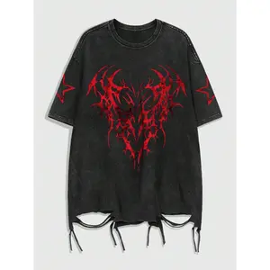 Ripped Graphic Tees Short Sleeve Drop Shoulder Grunge Punk Oversized Tshirts Emo Scene Clothes Streetwear