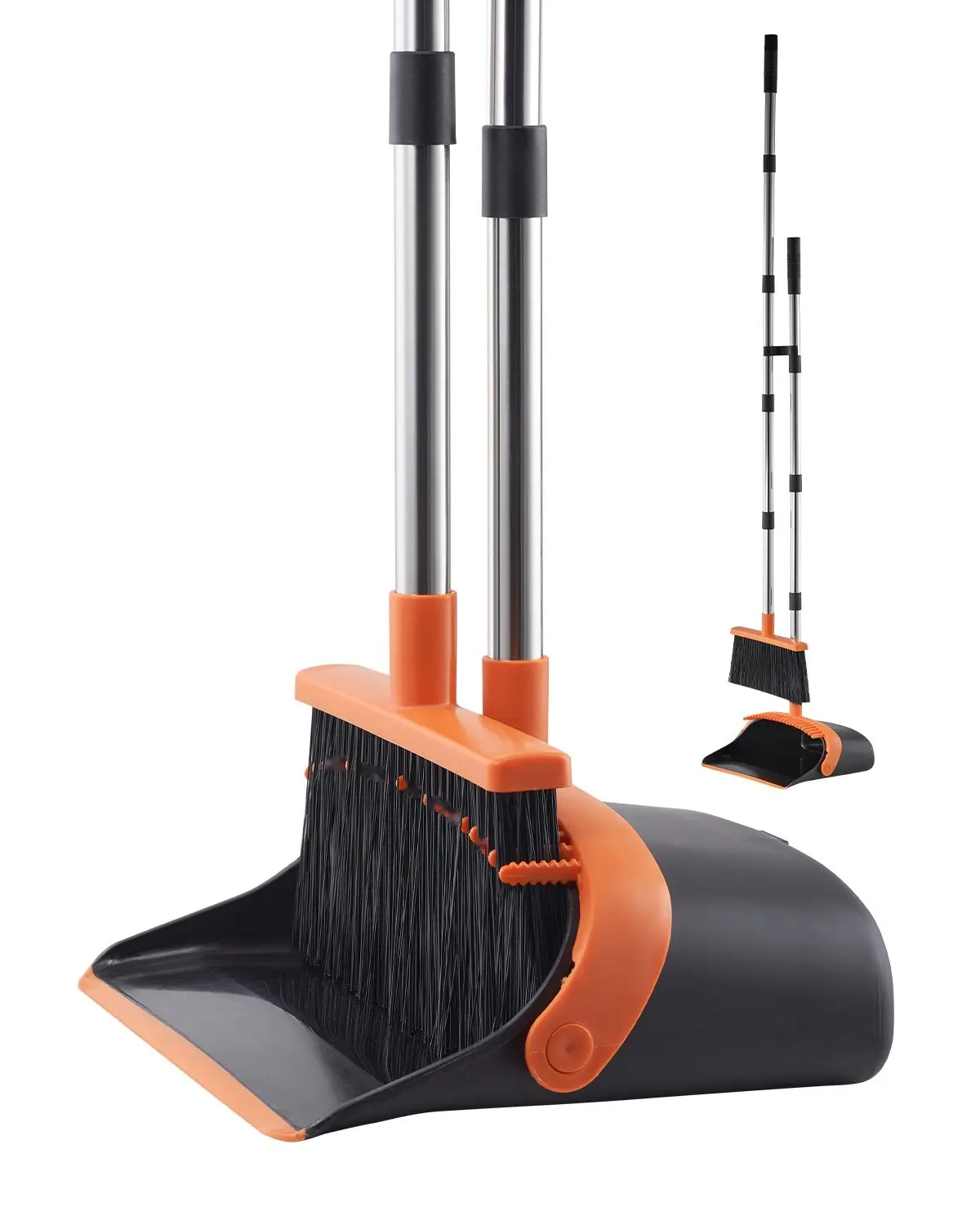 Broom And Dustpan Set, Heavy Duty Broom And Dustpan Combo With Self-Cleaning Teeth, Metal Upright Dust Pan With Long Handle, Ergonomic Design, Durable Steel Frame, Ideal For Home, Kitchen, Office, Restaurant, Dorm, Black/Orange
