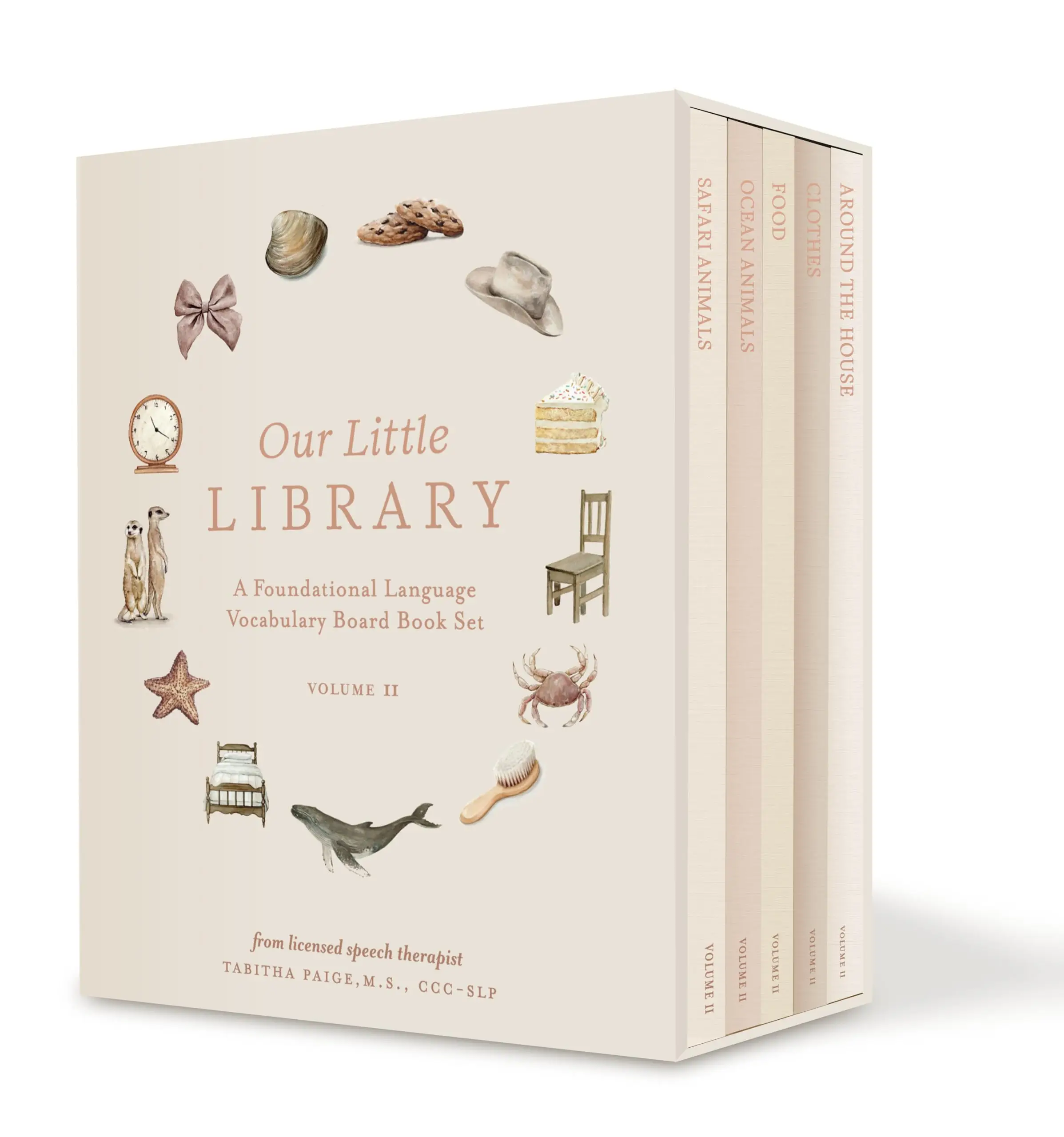 Our Little Library Vol. 2: A Foundational Language Vocabulary Board Book Set for Babies, Including Ocean Animals, Safari Animals, Food and Drink, Clot
