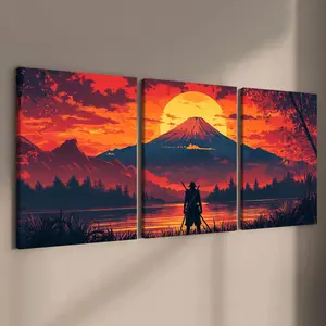 Wooden Framed Canvas Painting, 3 Counts/set Natural Landscape & Samurai Pattern Wall Art, Modern Art Wall Decor for Home Living Room Bedroom Office, Modern Home Decoration, Decorative Artwork, Modern Art Design