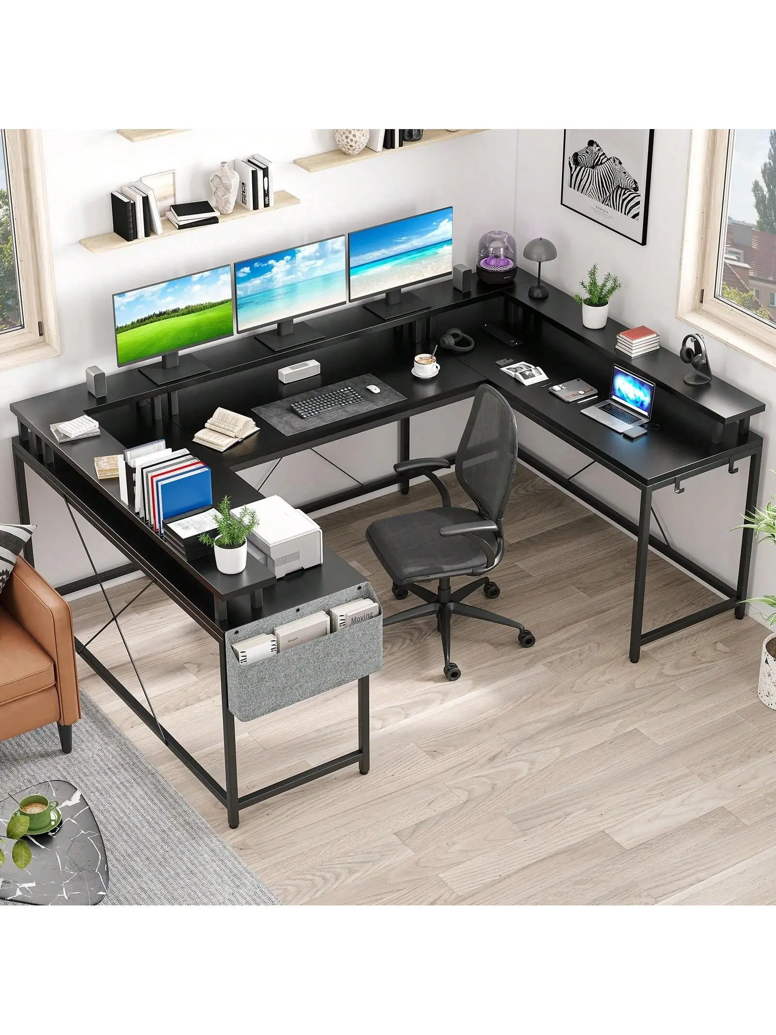 【Christmas Gift】U Shaped Desk, 126 Inch Gaming Desk With Monitor Stand And LED Lights, Reversible Shaped Large Computer Desk With Power Outlets, Large Corner Office Desk With Storage Bag And Hooks