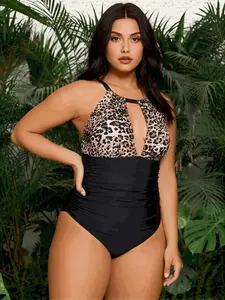 Plus Size Women's One Piece comfortable Swimsuit Tummy Control Halter Bathing Suit Slimming Supportive Long Torso Friendly Swimwear cheetah print woman  with faja Halter One-Piece Tummy Control Swimsuit high waist design bikini