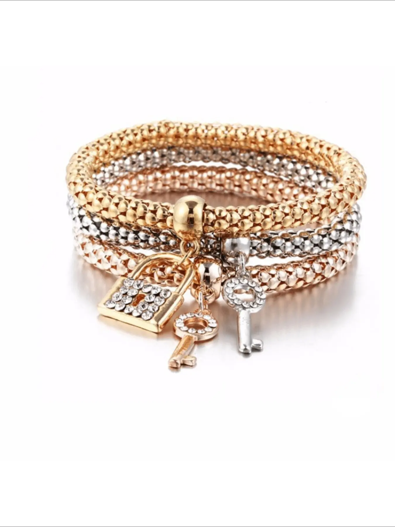 3 Pcs Stackable Bracelet Set With Lock & Key Shape Pendant Stretch Bracelet For Women Jewelry