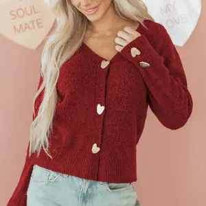 Asvivid Women's Heart Metal Button V Neck Cardigan Sweater - Valentine's Day Knitwear for Casual Wear Womenswear Long Sleeve Cardigans Tops