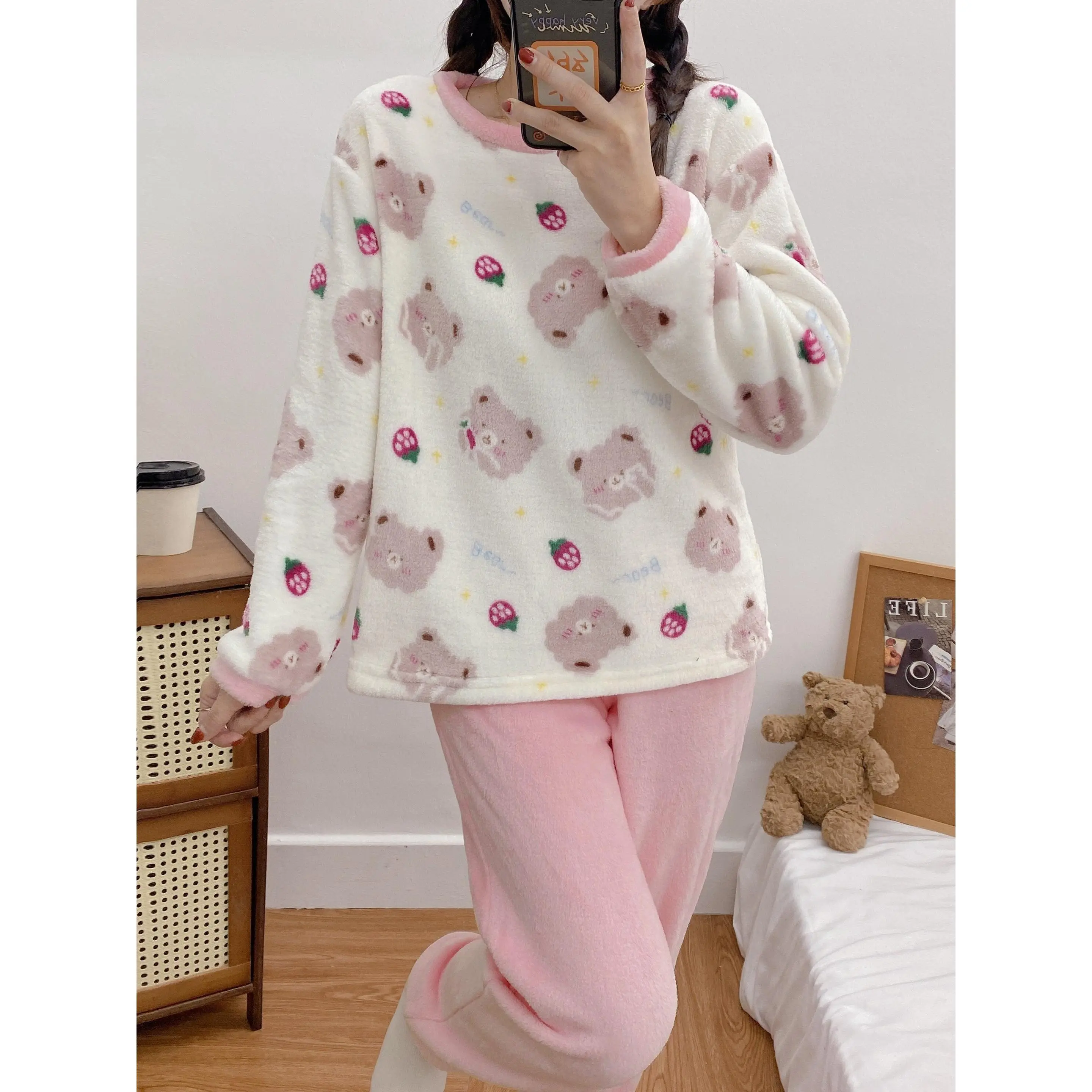 Cute Teddy Bear Thermal Loungewear Set Womens Pajamas Cozy Valentines Gift Long Sleeve Pullover Tops  Pants