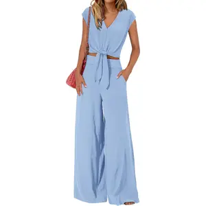 PRETTYGARDEN Women's Summer 2 Piece Outfits Cap Sleeve V Neck Belted Crop Tops Wide Leg Pant Sets Casual Tracksuit 100% Polyester Chiffon Texture - Womenswear